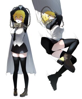 1girl absurdres arms_up black_necktie black_skirt black_thighhighs blonde_hair breasts brown_shoes cape chain co_duck collar commentary_request cuffs cuffs-to-collar don_quixote_(project_moon) full_body gloves highres index_(identity)_(project_moon) korean_commentary limbus_company long_sleeves metal_collar multiple_views necktie open_mouth project_moon shoes simple_background skirt thighhighs white_background white_cape white_gloves yellow_eyes