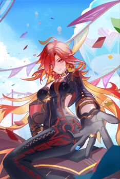 Rule 34 | 1girl, ahoge, aircraft, biker clothes, bikesuit, black bodysuit, black gloves, blue sky, bodysuit, bracelet, breasts, bunting, colored inner hair, commentary request, confetti, day, earrings, feet out of frame, flamestrider (genshin impact), genshin impact, gloves, grin, hair between eyes, helmet, highres, holding, holding unworn helmet, hot air balloon, jewelry, large breasts, long hair, looking at viewer, mavuika (genshin impact), motor vehicle, motorcycle, motorcycle helmet, multicolored hair, offering hand, on motorcycle, orange eyes, orange hair, outdoors, raurel2712, red hair, sitting, sky, smile, solo, sun earrings, unworn headwear, unworn helmet, very long hair