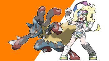 1girl arm_up blacknirrow blonde_hair clenched_hands closed_mouth commentary eyelashes full_body gen_4_pokemon gloves green_headband grey_eyes headband highres korrina_(pokemon) long_hair lucario mega_lucario mega_pokemon mega_stone midriff nintendo open_mouth orange_eyes outline pokemon pokemon_(creature) pokemon_legends:_z-a purple_headband simple_background slit_pupils smile spikes standing teeth two-tone_background upper_teeth_only white_gloves white_outline zipper