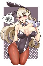 Rule 34 | 1340smile, 1girl, absurdres, alternate costume, animal ears, black bow, black bowtie, black leotard, blush, bow, bowtie, breasts, brown pantyhose, cleavage, commentary, corrin (female) (fire emblem), corrin (fire emblem), covered navel, detached collar, english commentary, fake animal ears, fire emblem, fire emblem fates, gloves, highres, leotard, long hair, nintendo, pantyhose, playboy bunny, pointy ears, rabbit ears, red eyes, solo, strapless, strapless leotard, thighs, white gloves, white hair, wrist cuffs