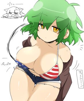 Rule 34 | 10s, 2girls, bikini, breasts, green eyes, hikage (senran kagura), huge breasts, looking at viewer, mirai (senran kagura), mndayo, multiple girls, nipple slip, nipples, senran kagura, simple background, sweat, swimsuit, translation request, yellow eyes