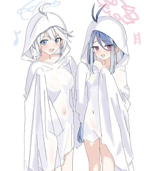 2girls blue_archive blue_eyes blue_hair blue_halo blush fubuki_(blue_archive) ghost_costume halo highres kamitosayu kirino_(blue_archive) long_hair medium_hair multiple_girls open_mouth pink_halo purple_eyes simple_background standing white_background white_hair