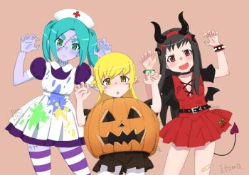 3girls apron aqua_hair artist_name bandaid bandaid_on_leg bare_legs belt belt_buckle black_belt black_choker black_dress black_hair black_horns black_sleeves black_wings blonde_hair blush_stickers bracelet breasts brown_eyes buckle center_cross_lace cherry_print choker claw_pose closed_mouth collarbone collared_dress colored_skin cross demon_costume demon_tail demon_wings dot_nose dress elbow_blush expressionless fake_horns fang food_print forehead frilled_sleeves frills fruit_print green_eyes grey_skin hachikuji_mayoi hair_between_eyes hair_flaps hairband halloween halloween_costume hands_up hat high_collar horn_hairband horns itoma_mahimahi jack-o&#039;-lantern_cutout jewelry leaning_to_the_side light_blush long_hair low_wings medium_hair monogatari_(series) multiple_girls nurse_cap ononoki_yotsugi oshino_shinobu paint_splatter parted_bangs peter_pan_collar pointy_ears puffy_short_sleeves puffy_sleeves pumpkin_costume purple_dress purple_thighhighs red_cross red_dress red_hairband short_bangs short_sleeves short_twintails small_breasts smile spiked_bracelet spikes splatter stitched_face stitched_hand stitched_leg stitched_neck stitches striped_clothes striped_thighhighs swept_bangs tail thick_eyebrows thighhighs triangle_mouth trident_print twintails two-tone_thighhighs watermark white_apron white_thighhighs wings yellow_eyes zettai_ryouiki zombie_costume