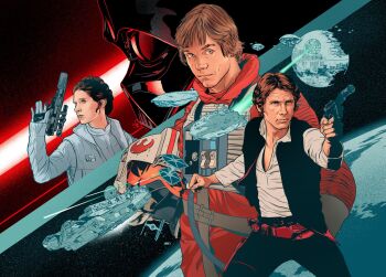 1girl 3boys black_helmet black_pants black_vest blonde_hair blue_eyes brown_hair darth_vader death_star gloves gun han_solo handgun helmet highres holding holding_gun holding_weapon jacket jumpsuit luke_skywalker martin_ansin millennium_falcon multiple_boys open_clothes open_vest orange_jumpsuit pants princess_leia shirt spacecraft star_wars star_wars:_return_of_the_jedi tie_fighter vest weapon white_gloves white_jacket white_shirt