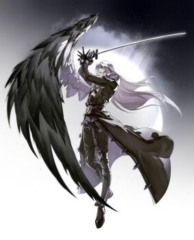 1boy belt black_boots black_coat black_gloves black_wings boots chest_strap coat commentary_request feathered_wings final_fantasy final_fantasy_vii final_fantasy_vii_remake floating_hair full_body gloves grey_hair highres holding holding_sword holding_weapon jianjiananan long_hair long_sleeves male_focus parted_bangs sephiroth single_wing solo sword weapon wings