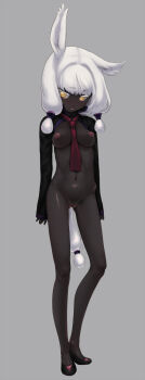 1girl absurdres animal_ears bad_id bad_pixiv_id black_skin bottomless breasts clitoris colored_eyelashes colored_skin dark-skinned_female dark_skin female_focus full_body grey_background highres legs light_areolae musen-shiki_sanhankikan navel necktie nipples pout puffy_nipples pussy simple_background single_ear_down small_breasts solo square-end_necktie tail uncensored white_hair yellow_eyes