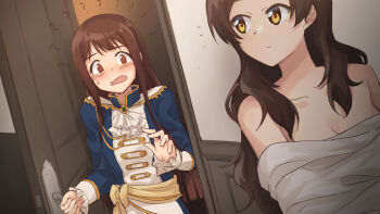 2girls ? aiguillette ascot blue_jacket blush breasts brown_eyes brown_hair cleavage commentary_request epaulettes etoile_brilliant_(idolmaster) idolmaster idolmaster_million_live! idolmaster_million_live!_theater_days indoors jacket kitazawa_shiho liselsia long_hair long_sleeves multiple_girls official_alternate_costume opening_door opera_seria_kiramekiza straight_hair tanaka_kotoha undressing white_ascot