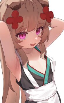 1girl :d animal_ears apron areola_slip armpit_focus armpits arms_behind_head arms_up black_kimono blush breasts brown_hair collarbone dog_ears dog_girl fang flat_chest flower hair_flower hair_ornament japanese_clothes kimono loli long_hair looking_at_viewer open_mouth original purple_eyes renoana sash simple_background sleeveless sleeveless_kimono small_breasts smile solo upper_body very_long_hair white_background white_sash