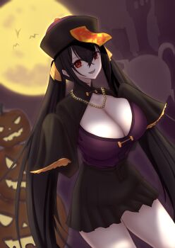 1girl alternate_costume azur_lane bat_(animal) black_hair black_skirt blush bow breasts chain chinese_clothes cleavage commentary commission cotatubo cowboy_shot crossed_bangs dutch_angle english_commentary full_moon gold_chain hair_between_eyes hair_bow hair_ornament halloween halloween_costume hat hat_ornament highres jack-o&#039;-lantern jacket jiangshi jiangshi_costume lace-trimmed_sleeves lace_trim large_breasts long_hair looking_at_viewer manjuu_(azur_lane) moon night ofuda ofuda_on_head open_clothes open_jacket open_mouth outstretched_arms purple_hat purple_shirt qingdai_guanmao red_eyes shirt silhouette skirt sleeves_past_fingers sleeves_past_wrists smile taihou_(azur_lane) tangzhuang thighs twintails very_long_hair yellow_bow zombie_pose
