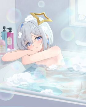 1girl amane_kanata bath bathing bathroom bathtub blue_eyes blue_hair blush bob_cut breasts bubble casyu_nut colored_inner_hair completely_nude convenient_censoring grey_hair grin hair_between_eyes hair_over_one_eye halo hashtag-only_commentary highres hololive indoors looking_at_viewer multicolored_hair navel nude partially_submerged purple_eyes shampoo_bottle short_hair single_hair_intake small_breasts smile soap_bottle soap_bubbles soap_censor solo star_halo streaked_hair virtual_youtuber water wet