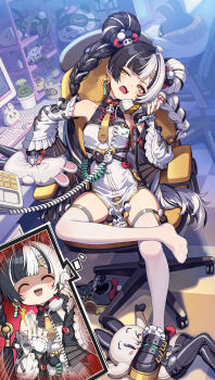 1girl absurdres anger_vein bangboo_(zenless_zone_zero) black_gloves black_hair black_shoes censored china_dress chinese_clothes commentary_request dialyn_(zenless_zone_zero) double_bun dress gloves hair_bun highres holding indoors kaito_(k4itoh) long_hair long_sleeves mosaic_censoring multicolored_hair multiple_views partially_fingerless_gloves shoes single_shoe sitting split-color_hair thighhighs two-tone_hair white_dress white_hair white_thighhighs zenless_zone_zero