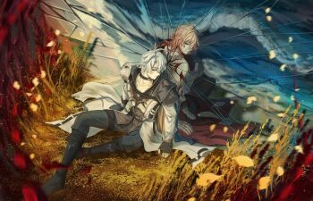 2boys antenna_hair arm_tattoo armlet armor black_choker black_coat black_pants black_shirt blonde_hair blue_eyes braid chest_tattoo choker clawed_gauntlets coat crack cracked_glass dazaiichi different_reflection facial_tattoo gold_necklace gradient_hair hashtag-only_commentary highres honkai:_star_rail honkai_(series) jewelry male_focus medium_hair multicolored_hair multiple_boys mydei_(honkai:_star_rail) neck_tattoo necklace open_clothes open_coat pants parted_bangs pauldrons phainon_(honkai:_star_rail) red_hair red_tattoo reflection shirt short_hair shoulder_armor side_braid single_pauldron sitting sun_symbol sun_tattoo tan tattoo wheat_field white_coat white_hair yellow_eyes