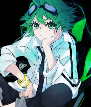 1boy black_background bracelet closed_mouth collared_shirt dabu_(dabuchan) eyelashes green_eyes green_hair hand_on_own_face jacket jewelry kemono_jihen male_focus necktie pants shirt sitting solo tsunamayo_watanabe upper_body