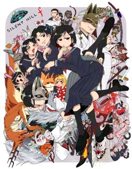 animal_ear_hairband animal_ears ara-abare ayakakashi bell black_hair black_serafuku black_socks blush copyright_name doll_joints dual_persona fake_animal_ears fox fox_hinako fox_mask fox_mask_(silent_hill) fox_servants_(silent_hill_f) grey_skirt hairband heart heart_hands heart_hands_duo highres igarashi_sakuko iwai_shu japanese_clothes joints kashimashi_(silent_hill) kinuta_junko mask mira_(silent_hill) mismatched_arms monster neckerchief nishida_rinko ohyou_wake oi-omoi open_mouth pleated_skirt rabbit_ears red_neckerchief robbie_the_rabbit school_uniform serafuku shimizu_hinako shimizu_hinako_(white_sailor_school_uniform) shimizu_kanta shimizu_kimie shiromuku_(silent_hill) signature silent_hill_(series) silent_hill_f skirt smile socks sword ufo v weapon white_hair