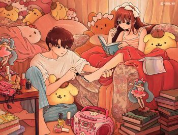 Rule 34 | 1boy, 1girl, absurdly detailed composition, applying pedicure, aqua pants, black nails, blanket, book, bow, brown hair, camisole, cd player, cosmetics, couple, curtains, figure, hair bow, hatsune miku, hello kitty, hello kitty (character), highres, indoors, loaded interior, long hair, my melody, my melody (series), nail polish, nail polish bottle, open book, original, otaku, otaku room, otaple, painting toenails, pants, pompompurin, procreate (medium), rilakkuma, ring 411, san-x, sanrio, shirt, short hair, short sleeves, sitting, striped camisole, table, twitter username, vocaloid, white bow, white shirt