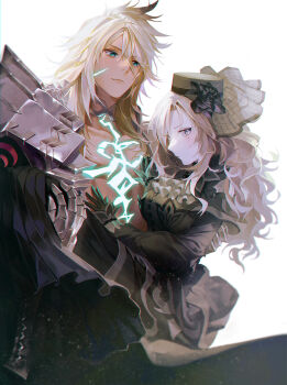 1boy 1girl absurdres armor black_dress black_gloves black_headwear bonzon_e breasts carrying chest_tattoo couple daeraeband dark-skinned_male dark_skin dress fate/grand_order fate_(series) flower gloves green_eyes grey_eyes hand_on_another&#039;s_chest hat highres husband_and_wife kriemhild_(fate) kriemhild_(first_ascension)_(fate) large_breasts long_hair long_sleeves mole mole_under_eye princess_carry rose scar scar_on_face siegfried_(fate) simple_background sword tattoo weapon white_background white_hair