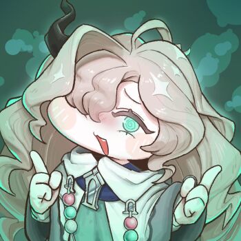 1girl :3 @_@ blush_stickers brown_hair cloak fang fewer_digits gamjeong_ph glowing glowing_eyes green_background green_eyes hair_over_one_eye horns long_hair looking_at_viewer makasha_(trickcal) one_eye_covered open_mouth pointing pointing_up single_horn smile solo thumb_ring trickcal upper_body white_cloak