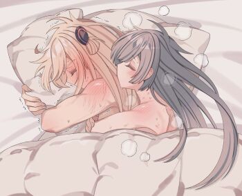2girls bed bed_sheet blanket blonde_hair blush breasts closed_eyes cuddling duel_monster ear_blush emptyayya grey_hair head_on_pillow head_steam implied_sex long_hair lying multiple_girls naked_sheet on_bed on_side pillow shared_bed sky_striker_ace_-_raye sky_striker_ace_-_roze sweat under_covers yu-gi-oh! yuri