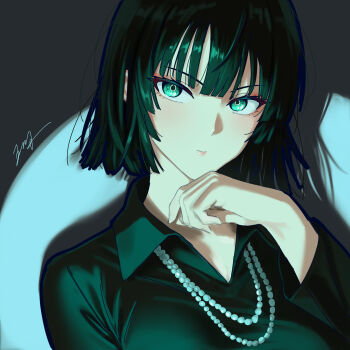 1girl closed_mouth collared_dress dress fubuki_(one-punch_man) green_eyes green_hair highres jewelry medium_hair necklace one-punch_man pearl_necklace signature solo upper_body wuhe2233pz