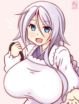 1girl alternate_breast_size_(larger) alternate_costume apron artist_logo blue_eyes braid breasts dated gradient_background grey_hair japanese_clothes kanon_(kurogane_knights) kantai_collection kappougi kimono large_breasts logo mole mole_under_eye one-hour_drawing_challenge pink_background purple_kimono simple_background single_braid smile solo umikaze_(kancolle) upper_body