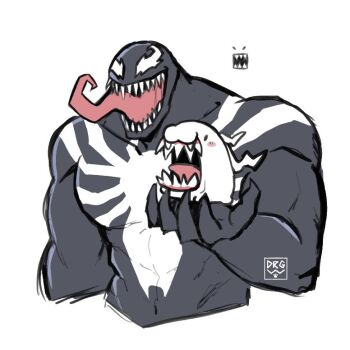 Rule 34 | 1boy, black skin, colored skin, crossover, digimon, digimon (creature), dragonwilbert, long tongue, marvel, multicolored skin, open mouth, sharp teeth, simple background, spider-man (series), teeth, tokomon, tongue, tongue out, two-tone skin, upper body, venom (marvel), white background, white skin