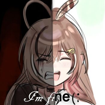 1girl ^_^ ahoge black_choker black_eyeliner black_hair blush brown_hair choker clenched_teeth closed_eyes crying emo_fashion eyelashes eyeliner feather_hair_ornament feathers gloom_(expression) hair_ornament hairclip highres hololive hololive_english huge_ahoge i'm_fine_(meme) inner_ego koaen0024 long_hair makeup meme multicolored_hair nanashi_mumei nanashi_mumei_(emo) runny_makeup smile solo split_screen streaked_hair teeth virtual_youtuber white_hair