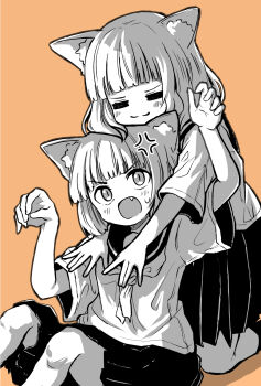2girls anger_vein animal_ear_fluff animal_ears annoyed cat_ears cat_girl chin_rest commentary fang greyscale_with_colored_background head_on_head head_rest highres hug hug_from_behind kneeling medium_hair multiple_girls no_nose orange_background original pleated_skirt sailor_collar school_uniform serafuku simple_background sitting skirt slit_pupils smile smison sweatdrop