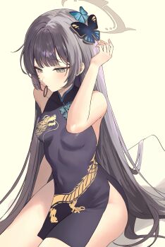 1girl absurdres bare_arms bare_shoulders black_dress black_hair blue_archive breasts butterfly_hair_ornament china_dress chinese_clothes covered_navel danah dragon_print dress grey_eyes hair_ornament hair_tie_in_mouth halo hand_up highres kisaki_(blue_archive) long_hair looking_down mouth_hold no_panties pelvic_curtain print_dress short_dress sitting sleeveless sleeveless_dress small_breasts solo straight_hair thighs very_long_hair