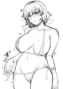Rule 34 | 1girl, bikini, blush, breasts, cameltoe, commentary request, cowboy shot, greyscale, heart, kazami yuuka, large breasts, looking at viewer, micro bikini, monochrome, nose blush, open mouth, sadahiro (chicken nugget gyuuniku aji), short hair, side-tie bikini bottom, simple background, solo, swimsuit, touhou, untying