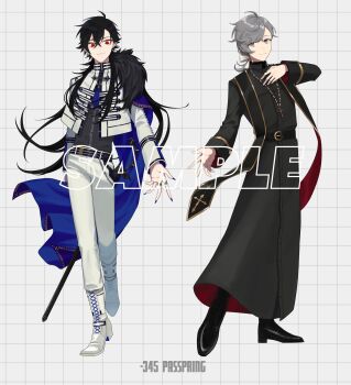 2boys absurdres ahoge alternate_color alternate_hair_color arm_at_side ascot belt black_belt black_boots black_hair black_nails black_robe black_vest blue_ascot blue_cape blue_eyes boots cape cassock closed_mouth cropped_jacket cross cross_necklace ear_covers ear_piercing earrings fingernails full_body fur-trimmed_cape fur_trim grey_hair grid_background hair_between_eyes hair_ribbon hand_on_own_chest highres jacket jewelry kanae_(5th_costume)_(nijisanji) kanae_(nijisanji) kuzuha_(2nd_costume)_(nijisanji) kuzuha_(nijisanji) lace-up_boots latin_cross long_hair long_sleeves looking_at_viewer low_block_heels low_ponytail male_focus medium_hair mole mole_under_eye multiple_boys multiple_rings necklace nijisanji offering_hand open_hand pants pants_tucked_in partially_open_jacket piercing pinstripe_pattern pinstripe_vest pointy_ears ponytail priest red_eyes ribbon ring robe rosary sample_watermark sharp_fingernails sheath sheathed side-by-side side_cape smile smirk standing stole sudooru_haru swept_bangs sword triangle_earrings vest virtual_youtuber watermark weapon white_background white_boots white_jacket white_pants white_ribbon wolf_cut