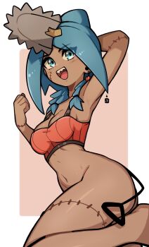 1girl arm_behind_head armpits blue_eyes blue_hair bottomless bra breasts chainsaw_man commentary cosplay cowboy_shot dark-skinned_female dark_skin earrings english_commentary hand_up highres jewelry looking_at_viewer medium_breasts medium_hair oninuer open_mouth orange_bra original parted_bangs pochita_(chainsaw_man) pochita_(chainsaw_man)_(cosplay) pull_cord shaaku_(oninuer) sharp_teeth simple_background smile solo stitched_arm stitched_face stitched_leg stitches teeth underwear