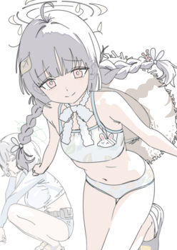 2girls absurdres ahoge bare_shoulders bikini blue_archive blush braid closed_eyes closed_mouth furrowed_brow green_halo grey_halo halo hashtag-only_commentary hat hat_on_back head_rest highres leaf leaf_on_head leaf_print leaning_forward leg_up loli long_hair looking_at_viewer mikuchi_sunkuo miyu_(blue_archive) miyu_(swimsuit)_(blue_archive) multiple_girls navel official_alternate_costume print_bikini red_eyes saki_(blue_archive) saki_(swimsuit)_(blue_archive) sandals simple_background smile split_mouth squatting straw_hat swimsuit thighs twin_braids twintails very_long_hair white_background white_bikini