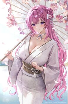 Rule 34 | 1girl, alternate costume, blush, bow, breasts, cleavage, commentary, dorothy (nikke), english commentary, fingernails, goddess of victory: nikke, hair bow, highres, holding, holding umbrella, japanese clothes, kimono, large breasts, long hair, looking at viewer, nail polish, narijade, oil-paper umbrella, paid reward available, parted lips, patreon username, pink eyes, pink hair, pink nails, smile, solo, umbrella, very long hair, white bow, white kimono
