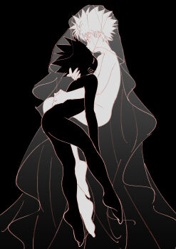 2boys black_background chromatic_aberration gon_freecss hug hunter_x_hunter killua_zoldyck monochrome multiple_boys nude odenkong short_hair spiked_hair
