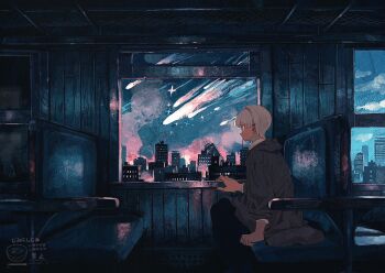 1boy building city fire jimini_shijimi meteor_shower original sitting white-haired_man_(jimini_shijimi) white_hair