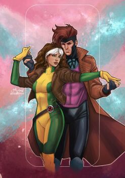 1boy 1girl abstract_background black_pants black_sclera bodysuit brown_coat brown_hair brown_jacket coat colored_sclera gambit gloves green_bodysuit green_eyes highres jacket jr_bartok long_coat long_hair looking_at_another marvel multicolored_bodysuit multicolored_hair open_clothes open_coat open_jacket pants pink_eyes rogue_(x-men) short_hair signature superhero_costume two-tone_bodysuit two-tone_hair white_hair x-men yellow_bodysuit yellow_gloves
