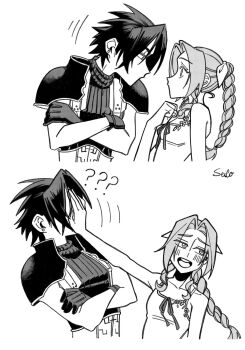 1boy 1girl ? ?? aerith_gainsborough armor averting_eyes bare_shoulders black_gloves black_hair blush braid braided_ponytail collarbone commentary crisis_core:_final_fantasy_vii crossed_arms dress earrings eye_contact final_fantasy final_fantasy_vii gloves hair_ribbon hand_on_another&#039;s_face highres jewelry leaning_forward long_hair looking_at_another motion_lines open_mouth parted_bangs ponytail ribbed_sweater ribbon seilidare short_hair shoulder_armor signature simple_background sleeveless sleeveless_turtleneck spiked_hair stud_earrings sweater turtleneck turtleneck_sweater upper_body white_background zack_fair