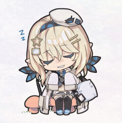 Rule 34 | 1girl, arknights, baozi, beret, black hairband, black thighhighs, blonde hair, blue footwear, blue shirt, chibi, closed eyes, collared shirt, drooling, durin (arknights), facing viewer, food, grey background, grey jacket, hair between eyes, hair ornament, hairband, hairclip, hat, head tilt, highres, jacket, long hair, long sleeves, mouth drool, open clothes, open jacket, over-kneehighs, overall skirt, pointy ears, polka dot hairband, saipaco, shirt, shoes, sitting, sleeping, sleeves past fingers, sleeves past wrists, solo, star (symbol), star hair ornament, thighhighs, tilted headwear, white hat, zzz