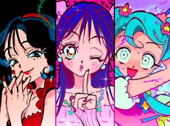 Rule 34 | 3girls, bad id, bad twitter id, black hair, blue hair, bow, chain, chain necklace, closed mouth, commentary, dress, earrings, english commentary, finger to mouth, hair bow, hair ornament, hairband, index finger raised, jewelry, long hair, magical angel ruru, minako (vivinos), mole, mole under eye, multiple girls, necklace, open mouth, original, pearl earrings, pink bitch club, pink bow, pink dress, pink lips, pink nails, pink sweater, red dress, red hairband, red lips, red nails, short hair, smile, star (symbol), star hair ornament, sweater, vivinos, yellow eyes