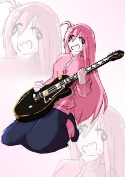 1girl 6_9 black_shoes blue_skirt bocchi_the_rock! commentary full_body gotoh_hitori guitar hair_ornament highres holding holding_guitar holding_instrument instrument jacket kneeling long_hair long_sleeves mamodrawsart open_mouth pale_skin pants pants_under_skirt pink_hair pink_jacket pink_pants shoes signature skirt solo sweat track_jacket white_background zoom_layer