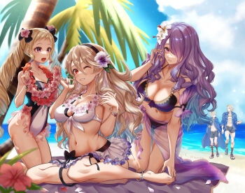 absurdres alternate_costume bare_shoulders barefoot beach bikini blonde_hair blue_male_swimwear blue_swim_trunks blush breasts camilla_(fire_emblem) camilla_(tropical_beauty)_(fire_emblem) cleavage competition_swimsuit female_corrin_(fire_emblem) female_corrin_(novice_vacationer)_(fire_emblem) elise_(fire_emblem) elise_(tropical_flower)_(fire_emblem) feet fire_emblem fire_emblem_fates fire_emblem_heroes fire_emblem_if hair_between_eyes hair_over_one_eye hairband headband highres intelligent_systems jammers karashino large_breasts leo_(fire_emblem_fates) leo_(fire_emblem_fates) leo_(seashore&#039;s_prince)_(fire_emblem_fates) long_hair male_swimwear medium_breasts midriff multiple_boys multiple_girls navel nintendo official_alternate_costume one-piece_swimsuit open_mouth pointy_ears purple_bikini purple_eyes purple_hair red_eyes ribbon short_hair siblings small_breasts smile swim_trunks swimsuit thighs toes twintails very_long_hair wavy_hair white_bikini white_hair xander_(fire_emblem) xander_(student_swimmer)_(fire_emblem)