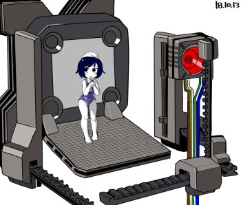 1girl black_eyes blue_hair blue_one-piece_swimsuit colored_skin commentary_request cookie_(touhou) dated derivative_work fukouna_shoujo_03 full_body hat looking_to_the_side machine meme milk_(cookie) murasa_minamitsu one-piece_swimsuit open_mouth own_hands_together sailor_hat short_hair solo standing swimsuit tetugakuzonbi touhou white_background white_hat white_skin