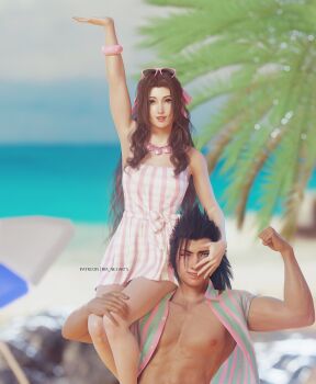 1boy 1girl 3d aerith_gainsborough alternate_costume arm_up barbie_(franchise) barbie_(live_action) bare_shoulders beach black_hair blue_eyes blue_sky blurry blurry_background bracelet brown_hair clenched_hand collarbone costa_del_sol couple crisis_core:_final_fantasy_vii day dress feet_out_of_frame final_fantasy final_fantasy_vii final_fantasy_vii_remake green_eyes hair_pulled_back hair_ribbon hand_on_another&#039;s_face hand_on_another&#039;s_leg highres horizon jewelry looking_at_viewer muscular muscular_male necklace ocean one_eye_closed open_clothes open_hand open_shirt outdoors palm_tree parted_bangs parted_lips patreon_username pectorals pink-framed_eyewear pink_dress pink_ribbon ria-neearts ribbon sand shell shell_necklace short_sleeves sidelocks sitting_on_shoulder sky sleeveless sleeveless_dress smile square_enix summer sunglasses_on_head tree upper_body zack_fair