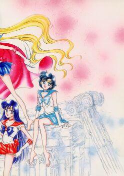 1990s_(style) absurdres architecture artbook barefoot bishoujo_senshi_sailor_moon blonde_hair blue_choker blue_skirt cape choker collarbone gloves greco-roman_architecture highres hino_rei incredibly_absurdres inner_senshi jewelry lips long_hair magical_girl mizuno_ami pink_background pink_lips red_choker red_skirt retro_artstyle sailor_collar sailor_mars sailor_mercury sailor_moon sailor_senshi scan short_hair sitting skirt takeuchi_naoko tsukino_usagi wavy_hair white_cape white_gloves