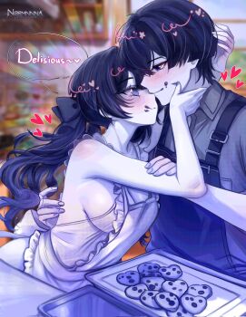 1boy 1girl :d alternate_costume apron arm_up belt_buckle black_bow black_hair blunt_ends blurry blurry_background blush bottomless bow breast_pocket breasts buckle casual cleavage commentary contemporary cookie couple english_text engrish_text eye_contact eyelashes eyeliner eyeshadow face-to-face fingernails food food_on_face frilled_apron frills genshin_impact grey_nails grey_shirt hair_bow hand_on_another's_arm hand_on_another's_face hand_on_another's_head hand_up heart heart_in_eye hetero highres leaning_forward long_hair looking_at_another makeup medium_breasts mona_(genshin_impact) normnnna open_mouth pocket purple_eyes purple_theme ranguage red_eyeliner red_eyeshadow scaramouche_(genshin_impact) shirt sideboob sleeveless sleeveless_shirt smearing smile speech_bubble star_(symbol) swept_bangs symbol_in_eye tray tsurime twintails twitter_username undershirt