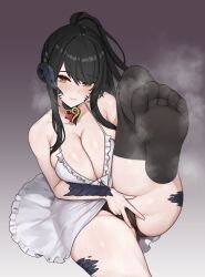 1girl absurdres au_ra bare_shoulders black_choker black_hair black_horns black_panties black_scales black_thighhighs blush breasts breath choker cleavage collarbone crotch_seam dragon_girl dragon_horns dress erufura feet final_fantasy final_fantasy_xiv foot_focus foot_up forward-facing_horns gradient_background grey_background hair_between_eyes heart-shaped_ornament highres horns knee_up large_breasts long_hair looking_at_viewer no_shoes original panties ponytail presenting sapphira_nyx scales simple_background single_horn sitting smell smile soles solo swept_bangs thick_thighs thighhighs thighs toes underwear v_over_crotch warrior_of_light_(ff14) white_dress yellow_eyes