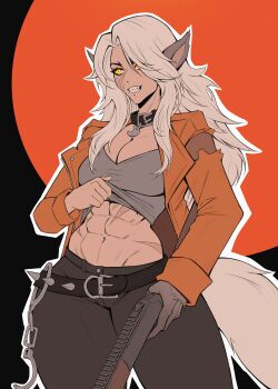 1girl 2026 abs absurdres animal_ears arm_at_side belt belt_buckle black_background black_belt blonde_hair breasts buckle cleavage clenched_hands clothes_lift collarbone commentary constricted_pupils cowboy_shot crescent_moon cuffs deadlock_(game) denim english_commentary evil_grin evil_smile from_behind full_moon glowing glowing_eyes grin gun handcuffs highres holding holding_gun holding_weapon jacket jeans jewelry large_breasts long_hair looking_at_viewer midriff moon moon_(ornament) muscular muscular_female necklace orange_eyes orange_jacket outline pants parted_bangs pump_action red_background scar scar_on_stomach shirt_lift silver_(deadlock) simple_background smile squigglesfc standing tail thick_thighs thighs toned toned_female torn_clothes torn_jeans torn_pants very_long_hair weapon wolf_ears wolf_girl wolf_tail yellow_eyes
