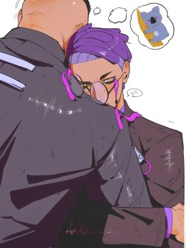 2boys arm_hug black-framed_eyewear black_hair black_jacket black_suit corbeau_(pokemon) emoji formal_clothes from_behind glasses highres hug jacket leaning_on_person male_focus mohawk multiple_boys nintendo philippe_(pokemon) pokemon pokemon_legends:_z-a purple_shirt round_eyewear shirt shu0718 simple_background speech_bubble suit suit_jacket thought_bubble upper_body white_background yaoi yellow_eyes