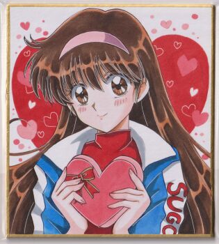 Rule 34 | 1girl, blue jacket, blush, box, box of chocolates, brown eyes, brown hair, character name, chikoto (kztc4472), closed mouth, commentary, eyes visible through hair, future gpx cyber formula, hair between eyes, hair over eyes, hairband, heart, heart-shaped box, heart background, highres, holding, holding box, jacket, multicolored jacket, photo (medium), picture frame, pink hairband, print jacket, red shirt, shirt, sidelocks, smile, solo, straight-on, sugou asuka, traditional media, two-tone jacket, upper body, valentine, white background, white jacket, wispy bangs