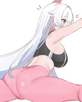 1girl absurdres armpits arms_up ass bare_arms bare_shoulders black_sports_bra breasts cameltoe crop_top flexible from_behind fuyuka_(stella_sora) highres large_breasts leggings long_hair midriff pants pink_eyes pink_pants profile shusuchii sideboob simple_background skindentation solo split sports_bra spread_legs stella_sora stretching sweat thighs tight_clothes tight_pants white_background white_hair yoga_pants